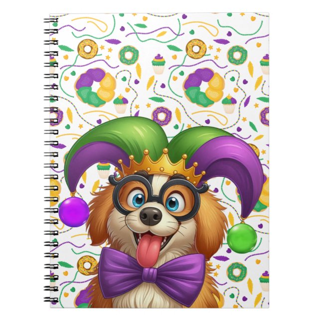 Cuaderno Perro cachorro lindo Mardi Gras en gorra de bufón (Frente)