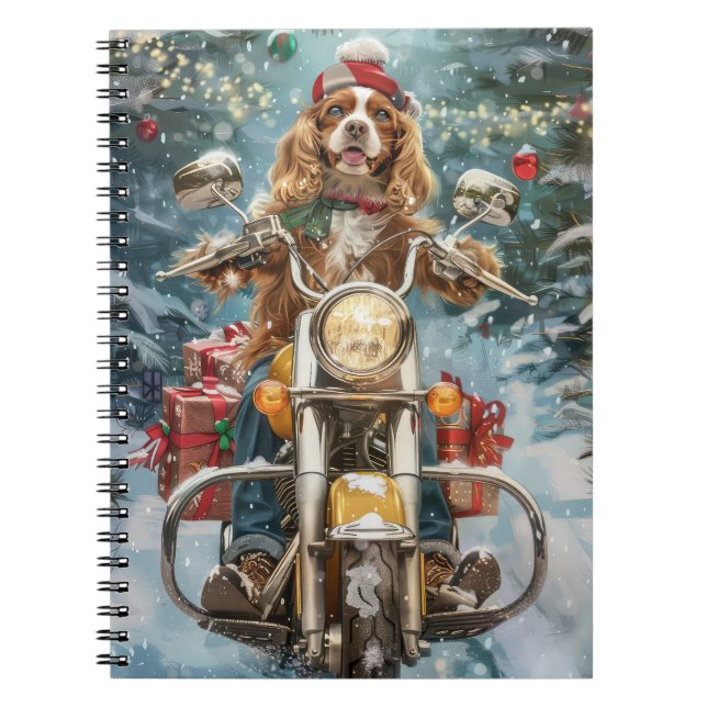 Cuaderno Perro Cocker Spaniel montando motocicleta Navidad  (Frente)