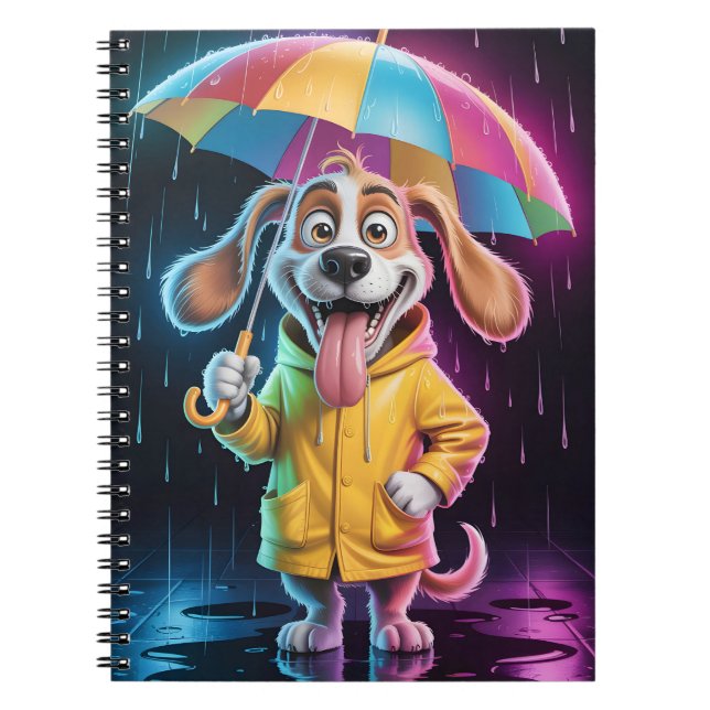 Cuaderno Perro con impermeable amarillo y paraguas de arcoí (Frente)