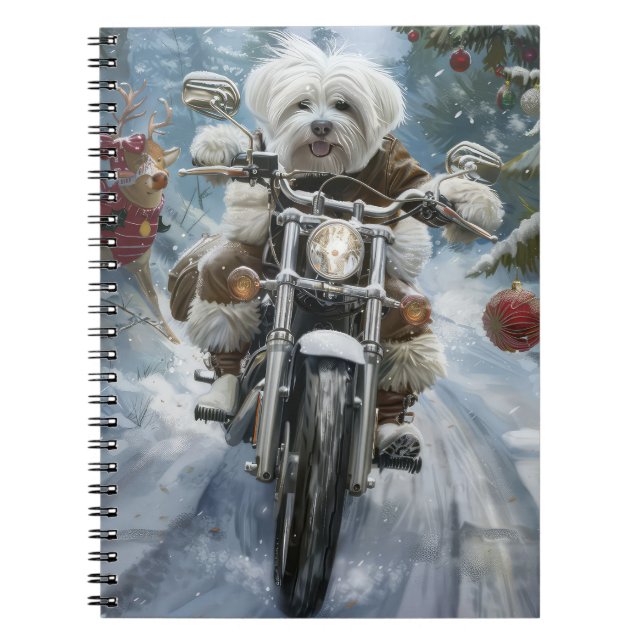 Cuaderno Perro Coton De Tulear montando motocicleta Navidad (Frente)
