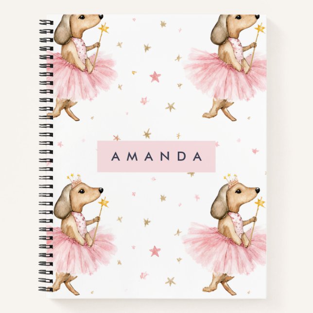 Cuaderno Perro Dachshund, mágico y personalizado en rosa (Anverso)
