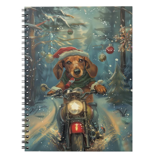 Cuaderno Perro Dachshund montando motocicleta Navidad (Frente)