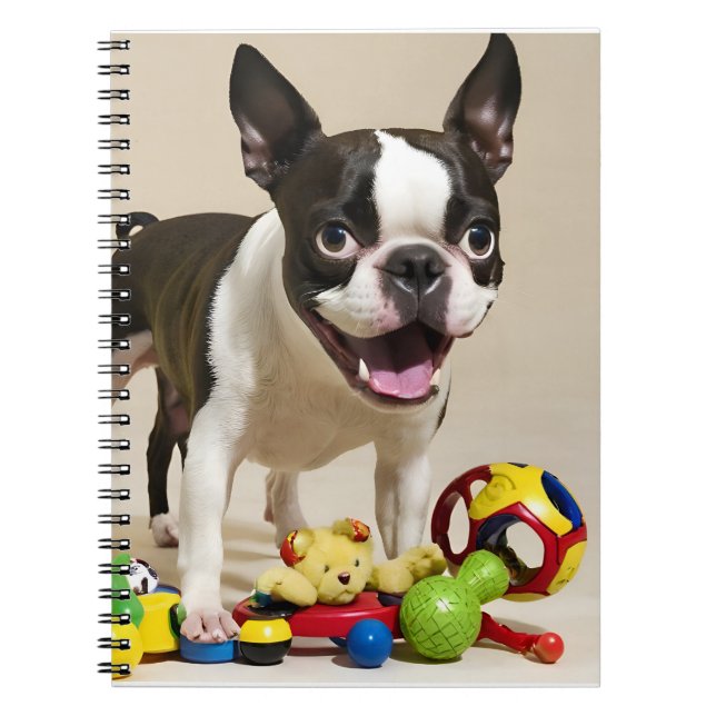 Cuaderno Perro de Boston Terrier jugando con juguetes (Frente)