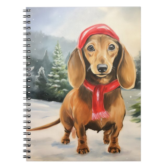 Cuaderno Perro de Dachshund en Navidades de nieve (Frente)