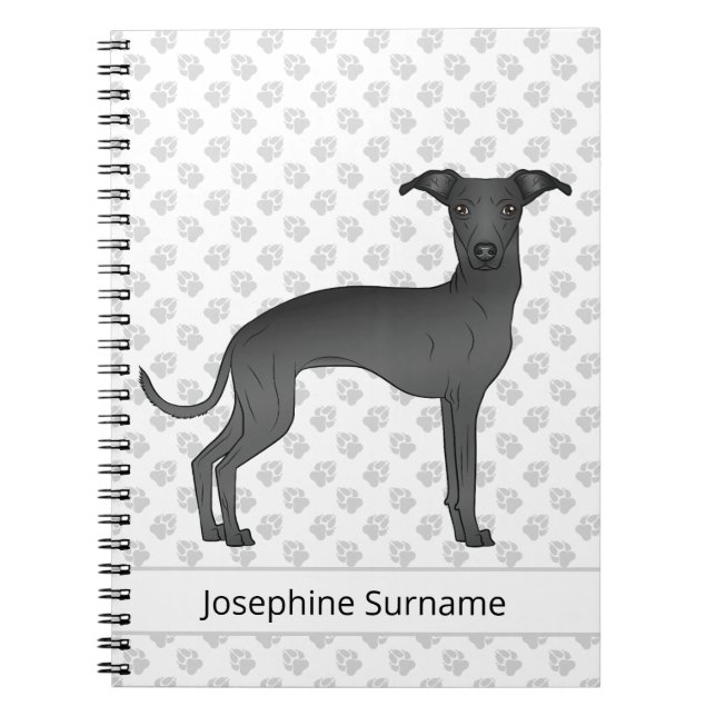 Cuaderno Perro de Greyhound italiano negro con texto Person (Frente)