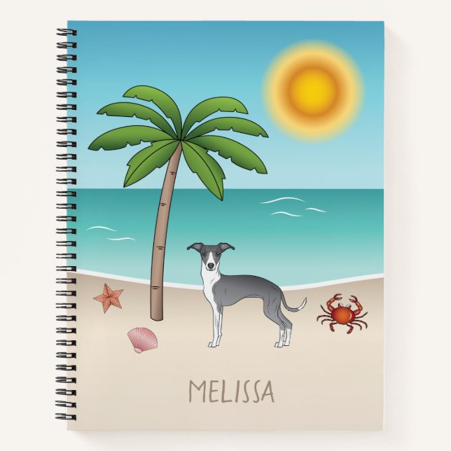 Cuaderno Perro De Higgys Azul Y Blanco En Una Playa Tropica (Anverso)
