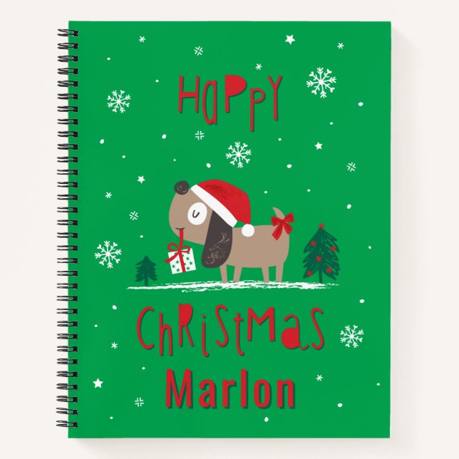 Cuaderno Perro de Navidades cortos con regalo en verde (Anverso)