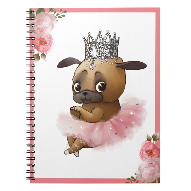 Cuaderno Perro de pug en una floral acuarela de Tutu (Frente)