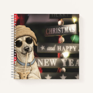 Cuaderno Perro divertido de Navidad bebiendo té de burbujas