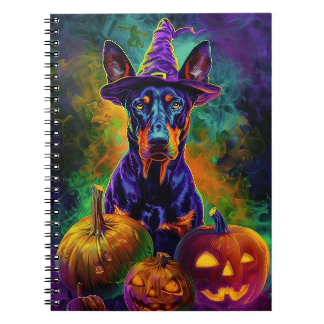Cuaderno Perro Doberman Espeluznante Bruja de Halloween y C (Frente)