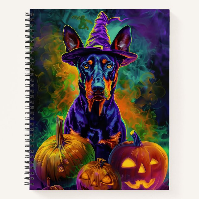 Cuaderno Perro Doberman Espeluznante Bruja de Halloween y C (Anverso)