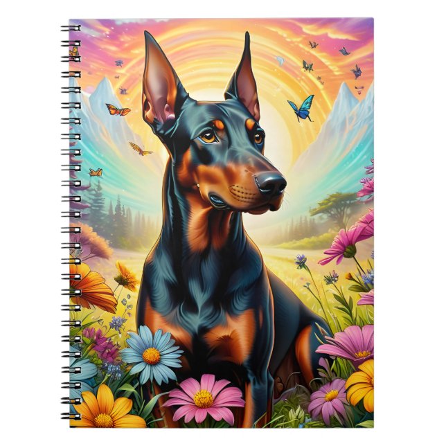 Cuaderno Perro Doberman, flores y escena de montaña (Frente)
