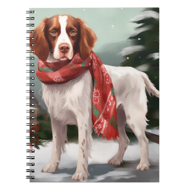 Cuaderno Perro español de Bretaña en Navidades de nieve (Frente)