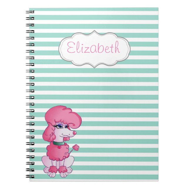 Cuaderno Perro femenino lindo en rayas blancas y menta-Pers (Frente)