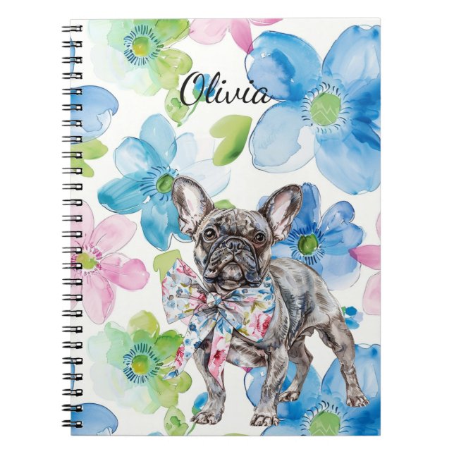 Cuaderno Perro Floral Azul Rosa Bow Personalizado (Frente)