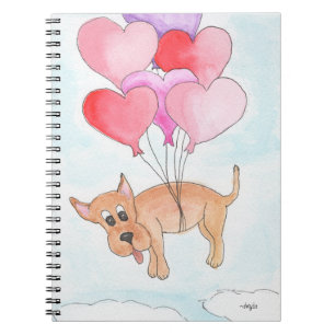 Cuaderno Perro flotando con globos en forma de corazón