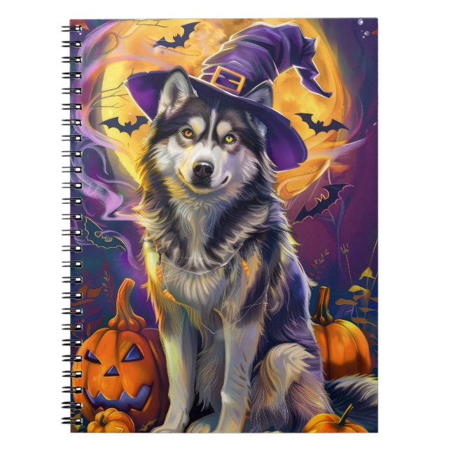 Cuaderno Perro Husky Siberiano Espeluznante Bruja de Hallow (Frente)