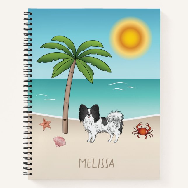 Cuaderno Perro Papillon Blanco Y Negro Playa Tropical De Ve (Anverso)