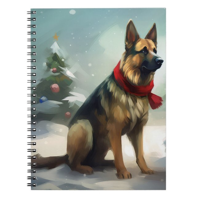 Cuaderno Perro pastor alemán en Navidad con nieve (Frente)