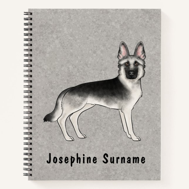 Cuaderno Perro pastor alemán sable plateado y texto persona (Anverso)