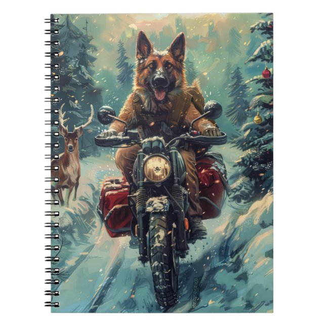 Cuaderno Perro pastor belga montando motocicleta Navidad (Frente)