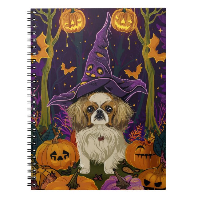 Cuaderno Perro pekinés espeluznante, bruja de Halloween y c (Frente)