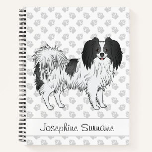 Cuaderno Perro Phalène Blanco Y Negro Con Texto Y Patas