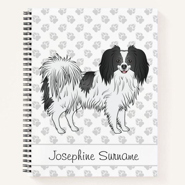 Cuaderno Perro Phalène Blanco Y Negro Con Texto Y Patas (Anverso)