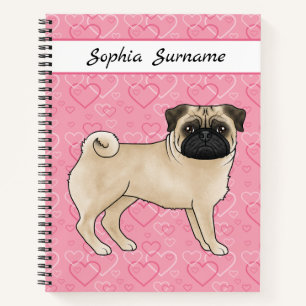 Cuaderno Perro Pug cervatillo lindo con corazones rosados y