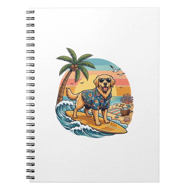 Cuaderno Perro Retriever Dorado Surfing Surfboard Atardecer (Frente)