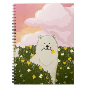 Cuaderno Perro Samoyedo Adorable en Campo de Flores Amarill