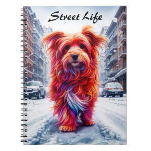 Cuaderno Perro sin hogar en una fría tarde urbana nevada