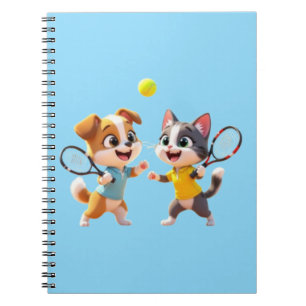 Cuaderno Perro y gato de dibujos animados lindos jugando pá