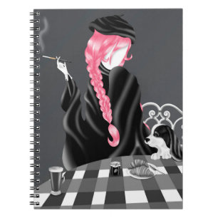 Cuaderno Perro y señora en café francés rosa
