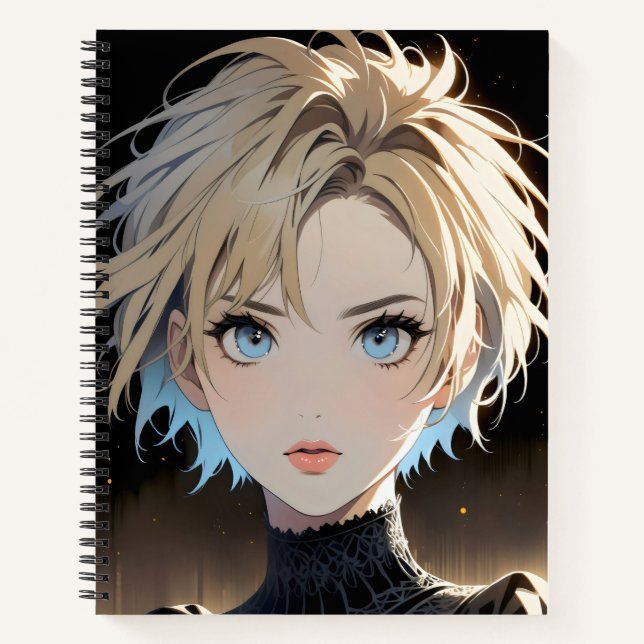 Cuaderno personaje de anime con ojos azules y camisa negra (Anverso)
