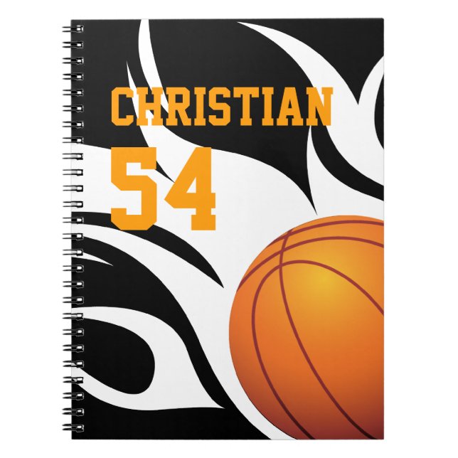 Cuaderno Personalice el baloncesto llameante B/W (Frente)