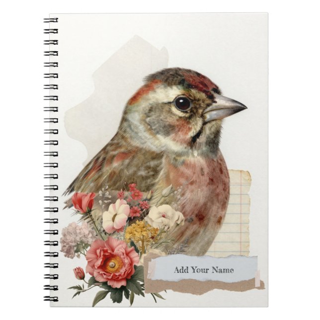 Cuaderno PERSONALIZA Collage de Pájaro Pinzón de Estilo Vin (Frente)