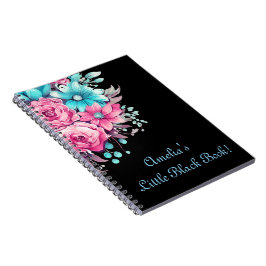 Cuaderno Personaliza el negro floral rosa y Verde azulado d
