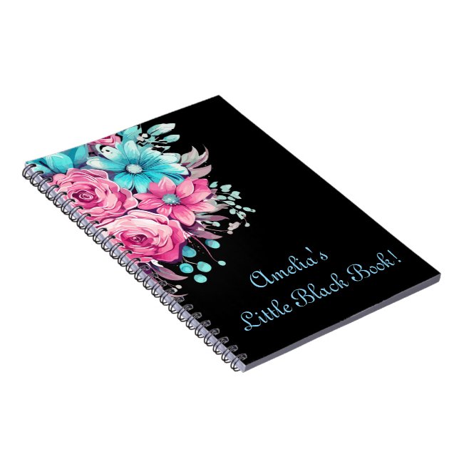 Cuaderno Personaliza el negro floral rosa y Verde azulado d (Lado Derecho)