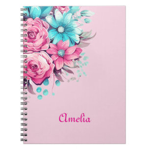 Cuaderno Personaliza Flores Acuarela Rosadas y Turquesas Li
