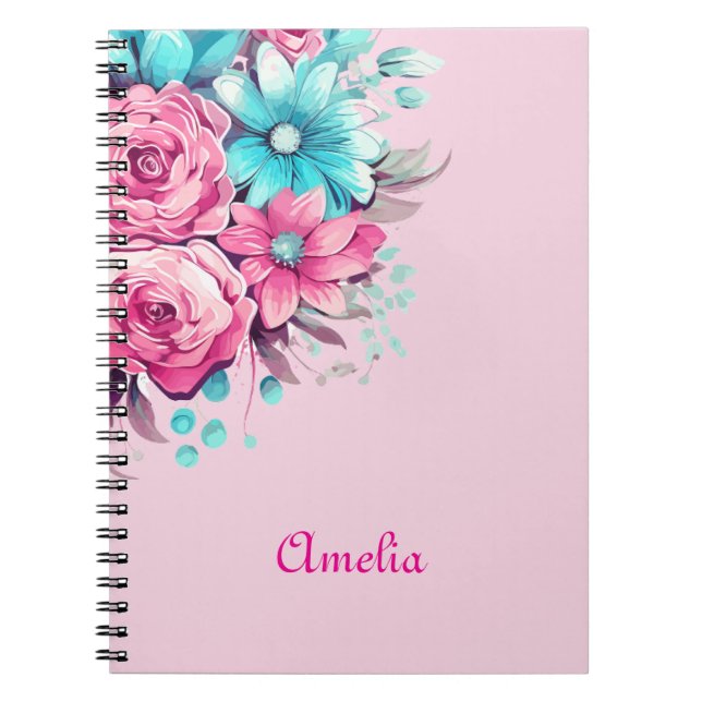 Cuaderno Personaliza Flores Acuarela Rosadas y Turquesas Li (Frente)