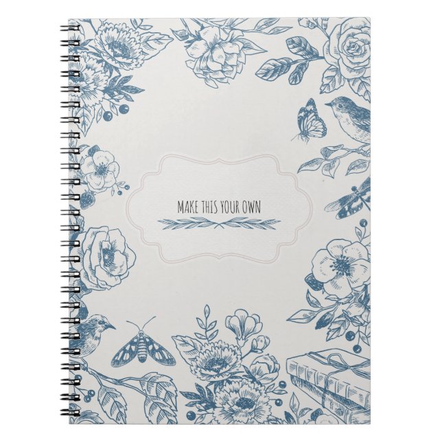 Cuaderno PERSONALIZA Flores de Línea Azul | Diario de Notas (Frente)