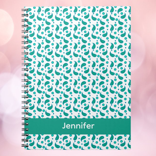 Cuaderno Personaliza Patrón Floral Paisley Azul Verde (A notebook with a blue & green paisley design with text you can personalize.)