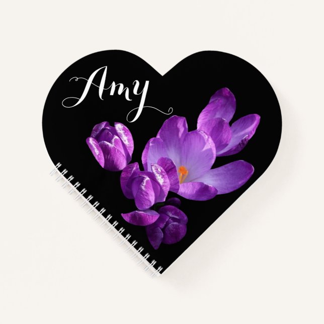 Cuaderno Personalizable Amy nombre morado crocus floral (Anverso)