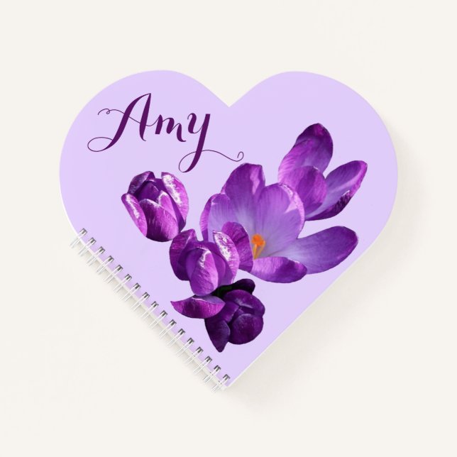 Cuaderno Personalizable Amy nombre morado crocus floral (Anverso)