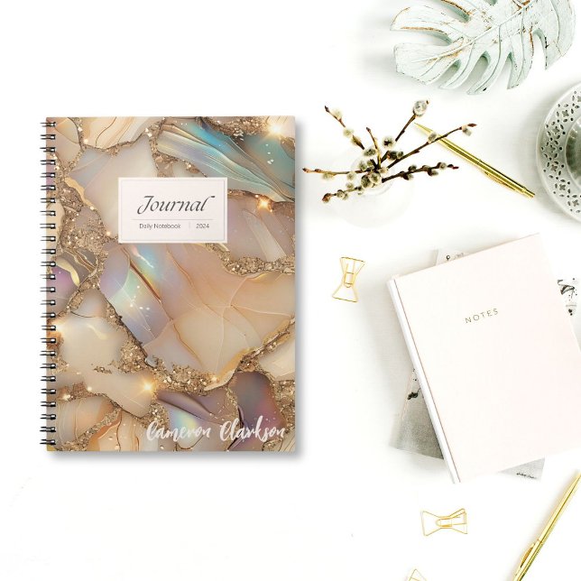 Cuaderno Personalizable Beige Holográfico Tinta Alcohólica  (Turn every page with a sparkle! Personalize your Beige & Gold Holographic Notebook today.)