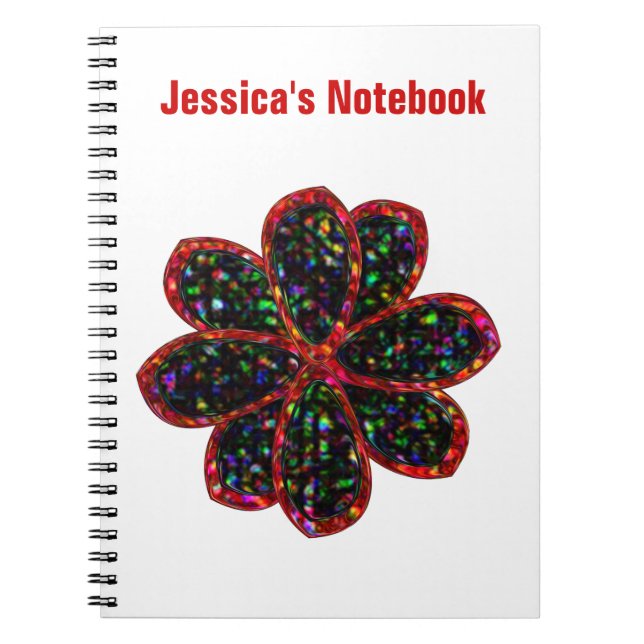Cuaderno personalizable de flor con brillo negro y (Frente)