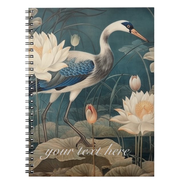 Cuaderno Personalizable de grulla botánica y loto vintage (Frente)