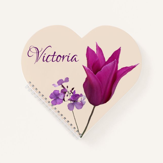Cuaderno Personalizable nombre Victoria bonito flores púrpu (Anverso)