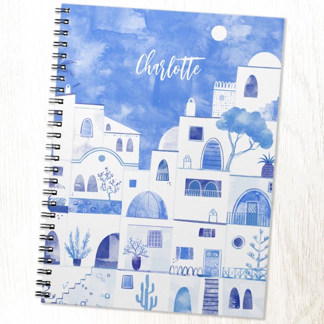 Cuaderno Personalización de la acuarela de Santorini Oia (Personalized custom name Santorini Greece blue and white watercolor art notebook)